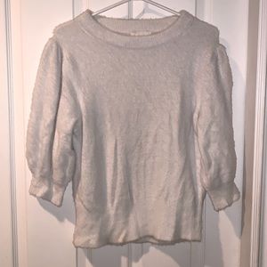 White fluffy faux fur soft angora sweater puff sleeves bell sleeves ribbed waist